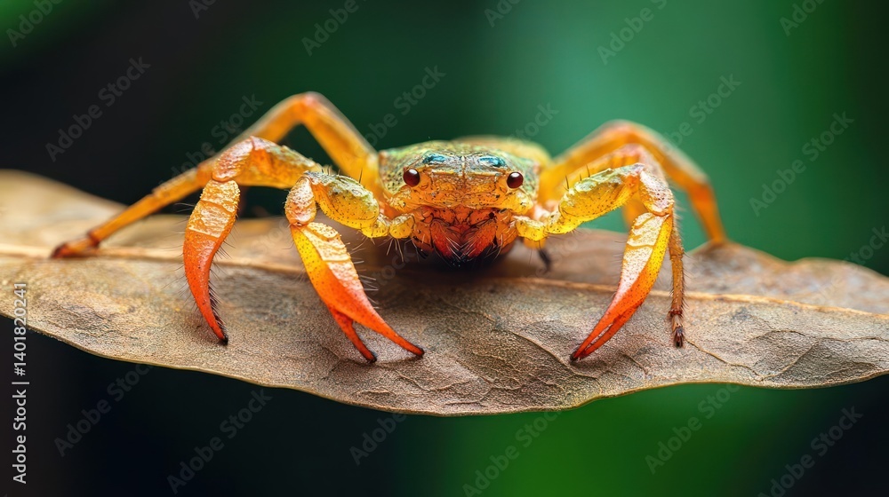 Poster Close-up macro shot showcasing a golden spider with red accents resting on a textured leaf against a blurred green background. The intricate details of the spider's features and leaf texture are