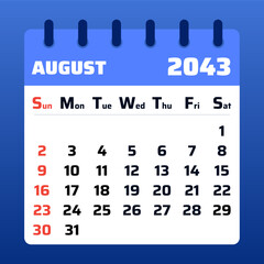2043 August Calendar Layout. Vector Illustration of an August 2043 Planner. August 2043 Calendar Template. Flat design.

