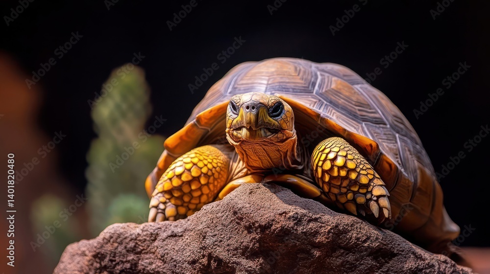 Poster detailed studio shot of a tortoise with its textured brown shell resting on a textured brown rock. t