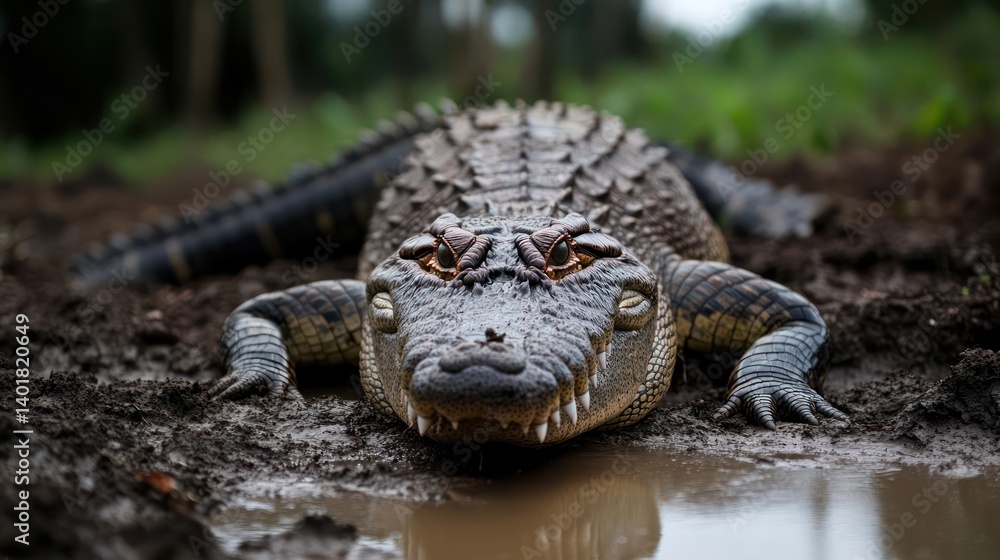Aufkleber close up shot of a large alligator resting in mud, featuring its textured skin, sharp teeth, and int