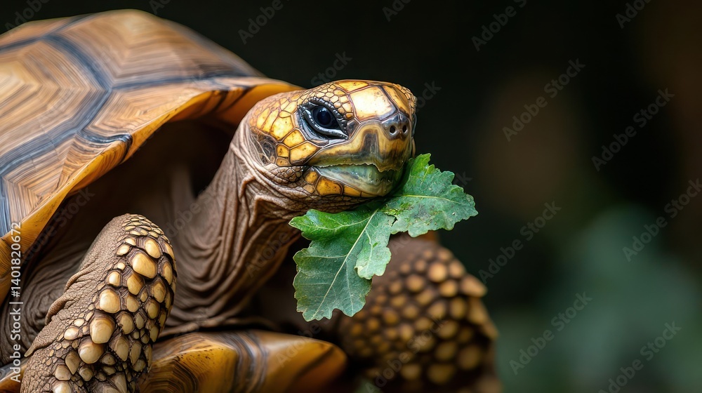Aufkleber Close-up captures a brown tortoise with a patterned shell, munching on a green leaf against a blurred dark green backdrop. The tortoise's textured skin and focused expression highlight its feeding