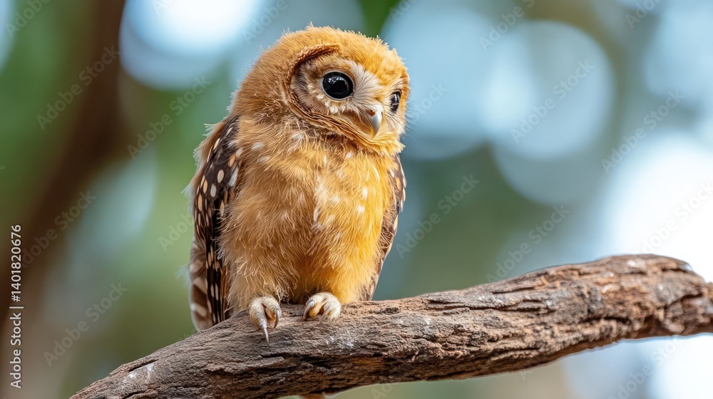 Poster close-up shot of a small, fluffy owlet perched on a branch, its feathers a mix of brown and cream wi