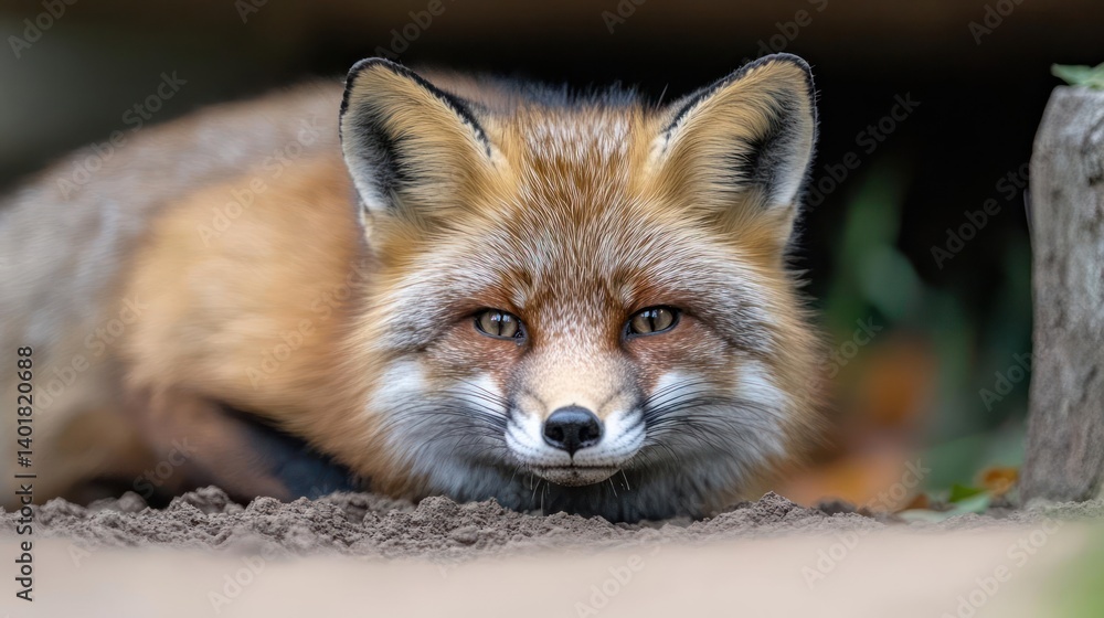 Poster Close-up of a red fox resting near its den, captured in a natural setting with shallow depth of field and soft lighting highlighting the animal's facial features. The fox's fur is a mix of orange and