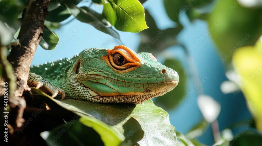 Poster a close-up of a vibrant green lizard with an orange head, perched on tree branches with lush green l