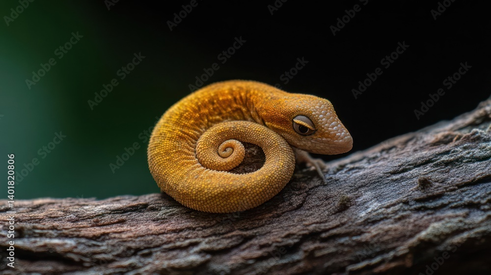 Poster a close-up captures a golden gecko coiled tightly on a branch, its textured skin and focused gaze de