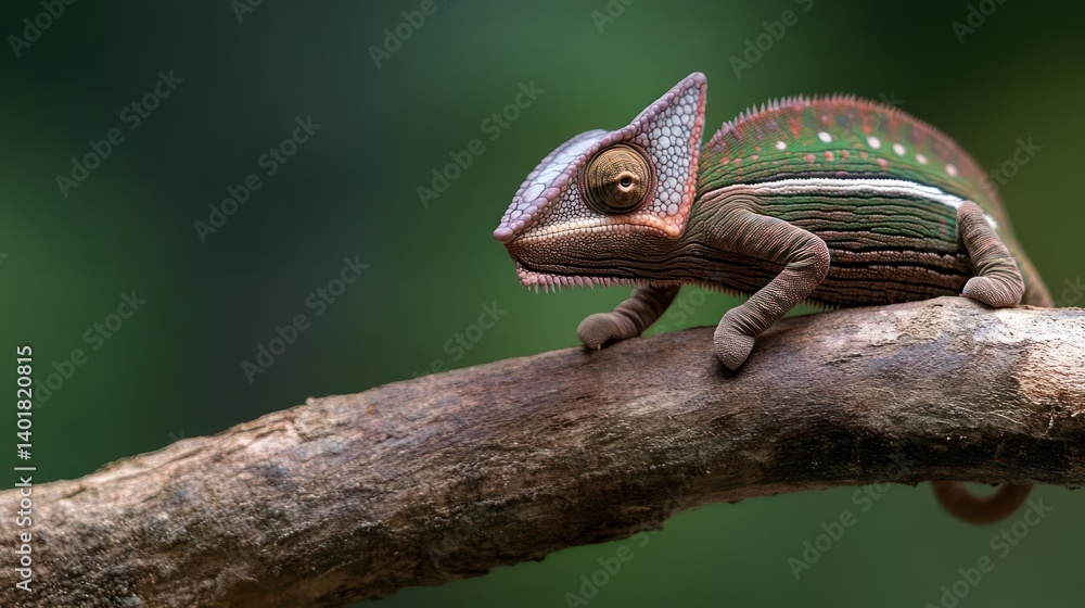 Poster close up shot of a chameleon perched on a branch. the chameleon features a mix of green, brown, and 
