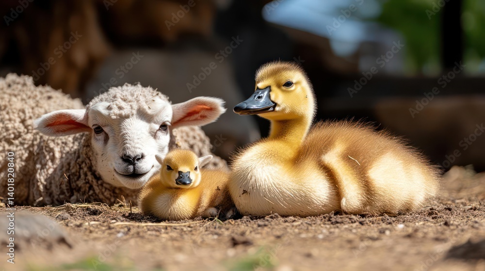 Poster close up view of a young lamb and two ducklings resting together on the ground. the lamb has white w