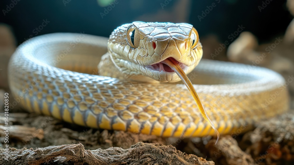 Poster close up of a curled light beige snake on the rocks. the snake is looking at the camera with its ton