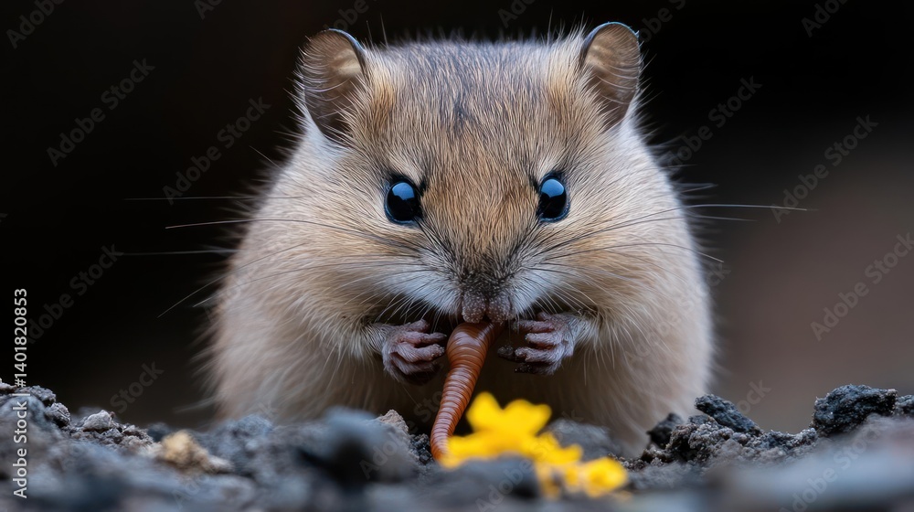 Aufkleber close-up shot of a small brown mouse with striking blue eyes, nibbling on a tiny orange carrot amids