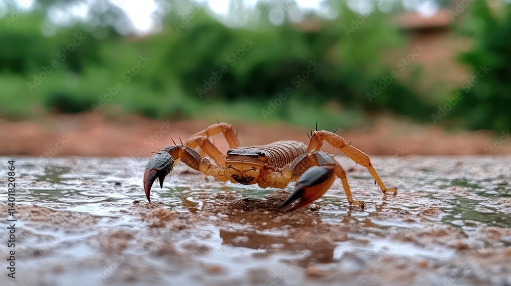 Poster a close-up shot of a small, mottled-brown scorpion resting on a wet, reflective surface. its claws a