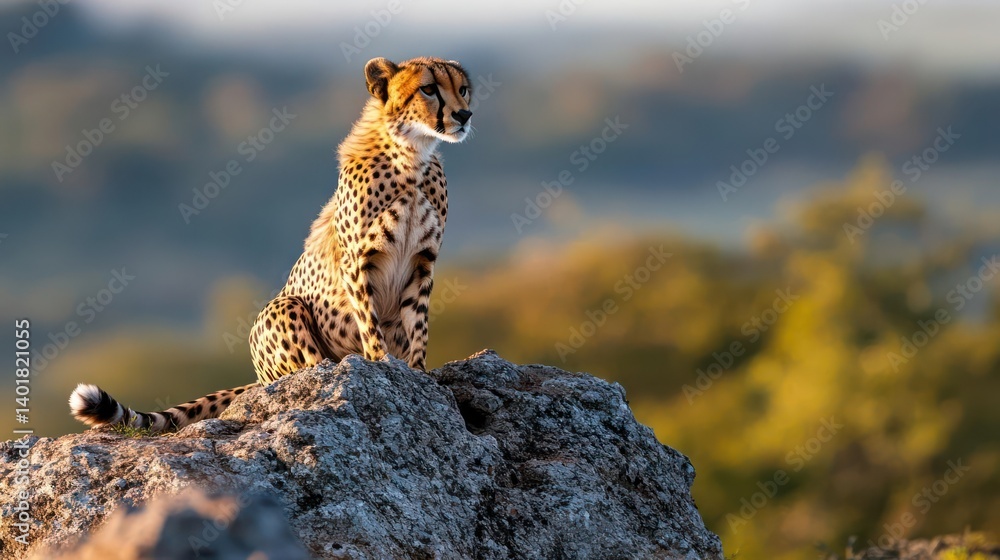 Poster focused close up of a cheetah sitting atop a rocky outcrop, sunlight dappling its coat, set against 