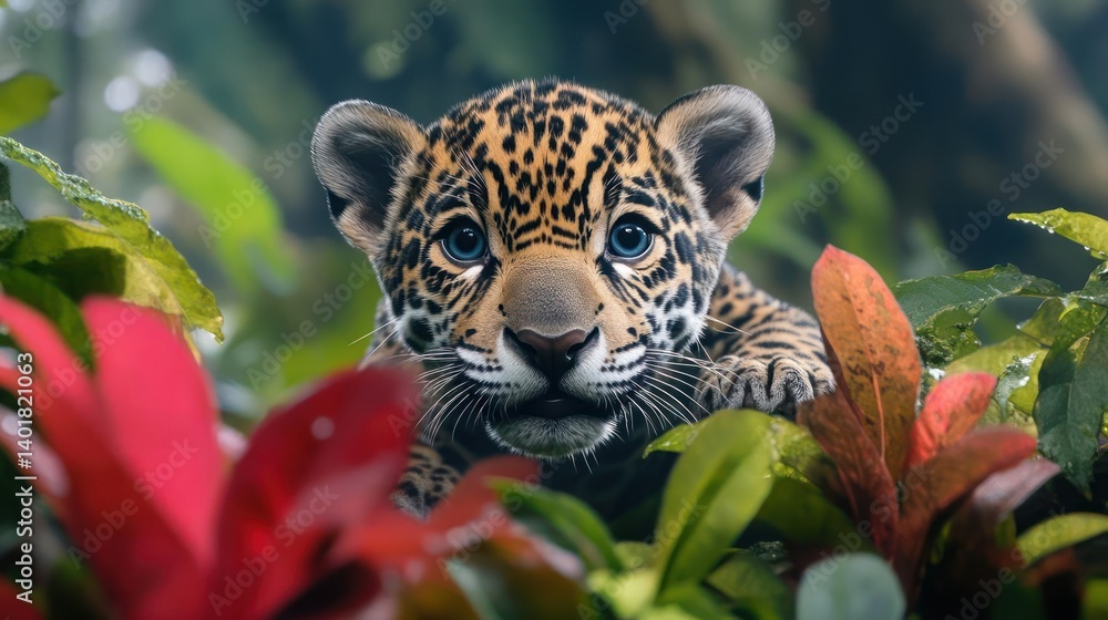 Poster close-up of a jaguar cub peering out from lush greenery with a mix of green leaves and vibrant red f