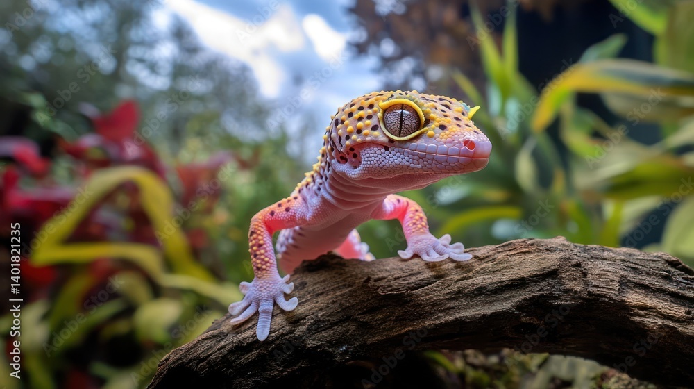 Poster close up portrait of a colorful gecko with light skin and orange spots perched on a tree branch, wit