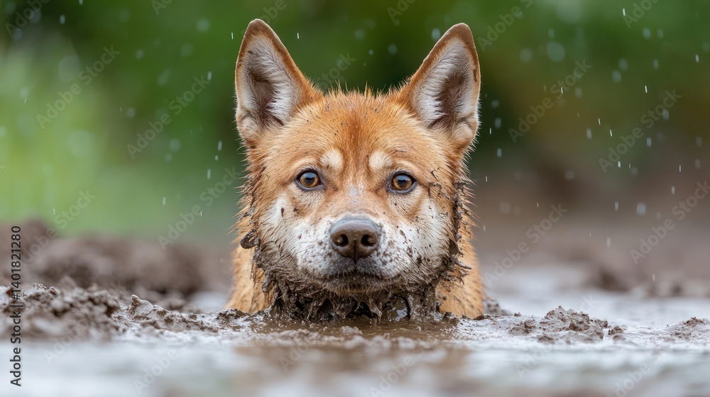 Poster portrait of a fox-like dog in a muddy puddle with splashes and water droplets. the dog is partially 