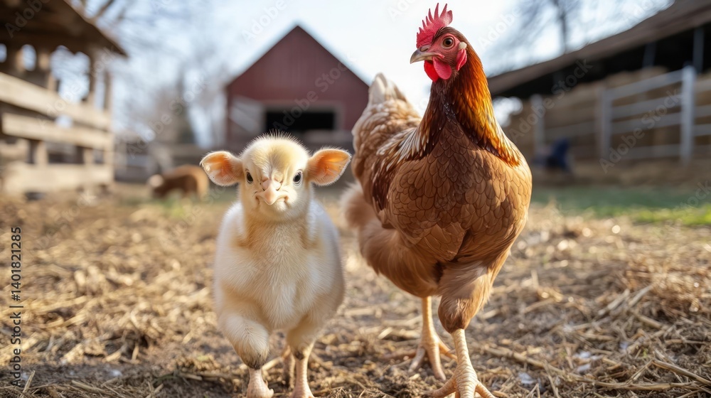Poster close up of a young sheep and a hen standing side by side in a farm. the sheep is light yellow, and 