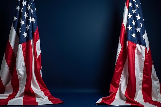 Two American Flags Are Draped On Stands Against A Dark Blue Background, Creating A Patriotic Backdrop, Somber And Formal. National Pride, Governmental Setting