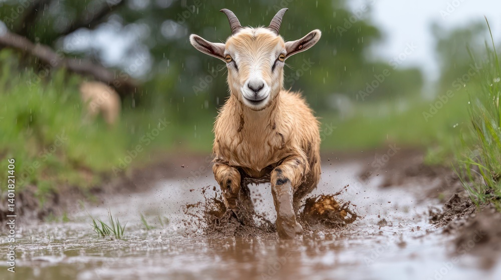 Aufkleber A close-up shot of a goat running through a muddy puddle on a grassy path, capturing the splash and motion. The goat is covered in mud, adding to the dynamic scene