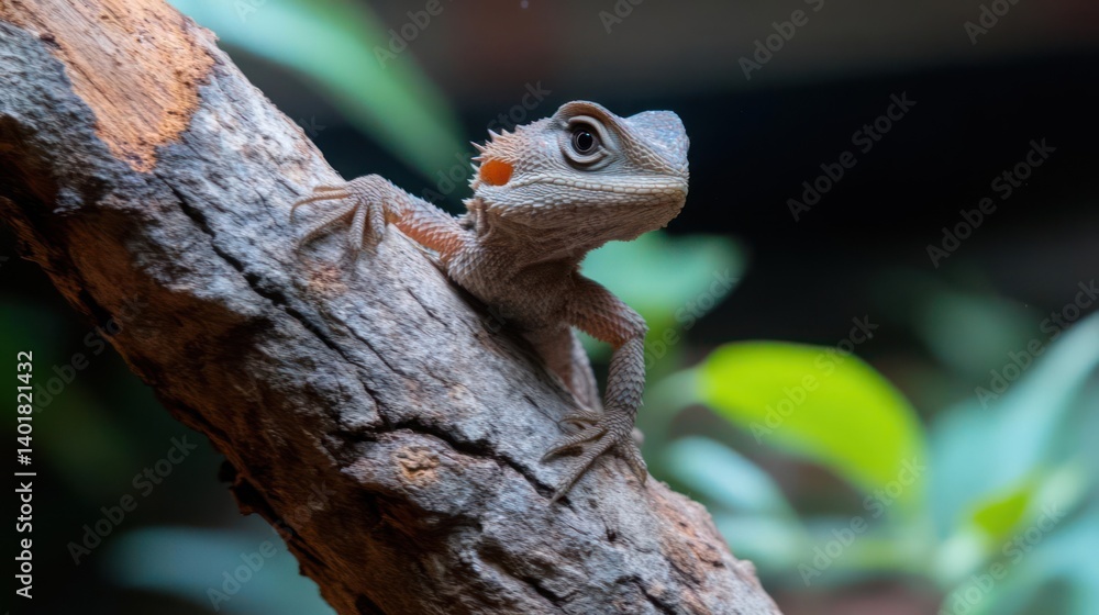 Poster detailed close-up showcases a brown lizard perched on a rough tree branch against a blurred backgrou