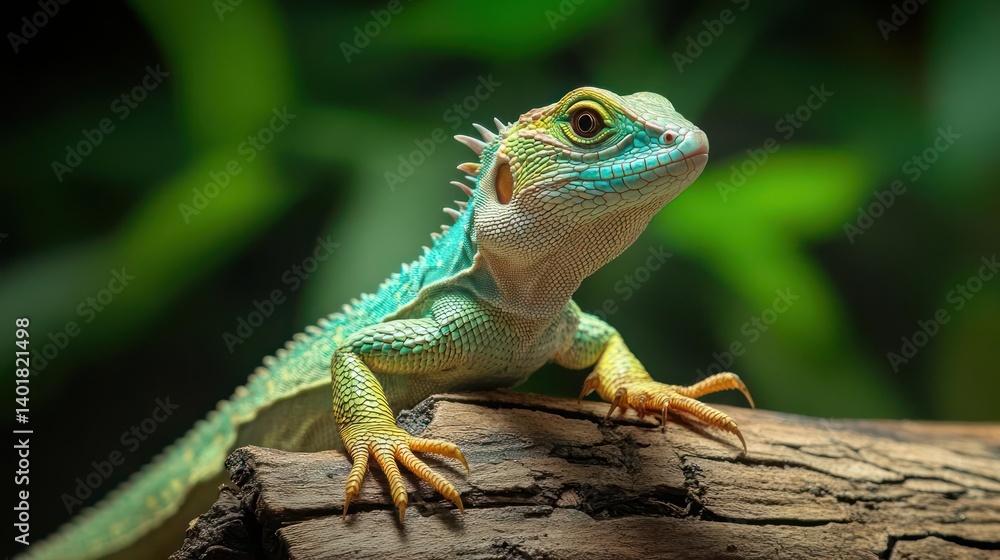 Poster a vibrant turquoise lizard perches on a weathered branch, its textured skin and amber eyes in sharp 