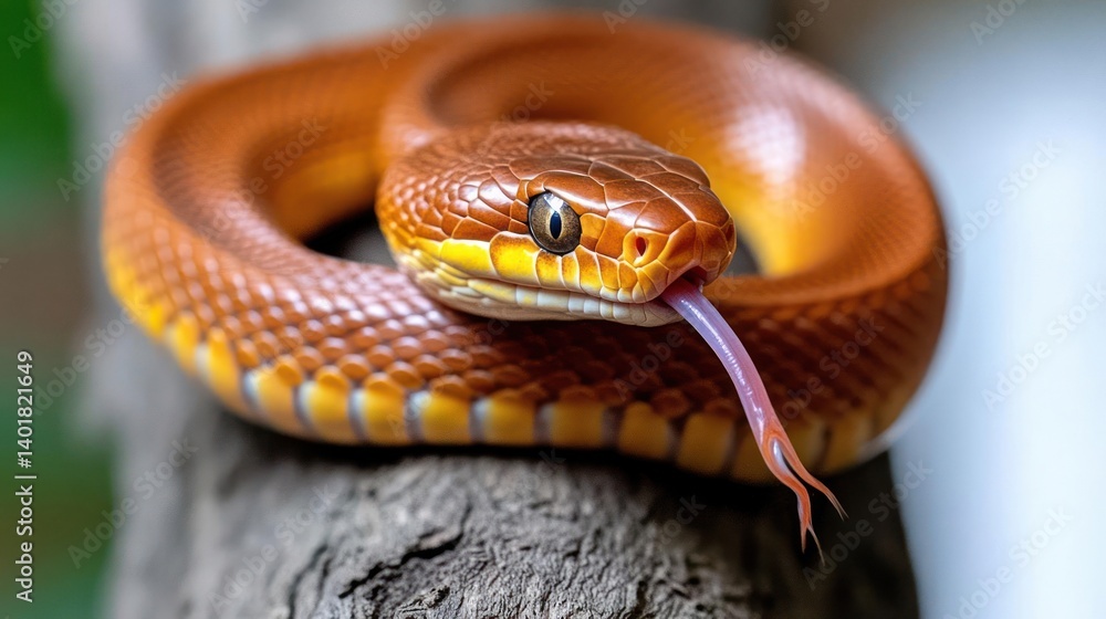 Poster a close-up shot captures an orange snake coiled on a branch, its tongue flicking out. the reptile's 