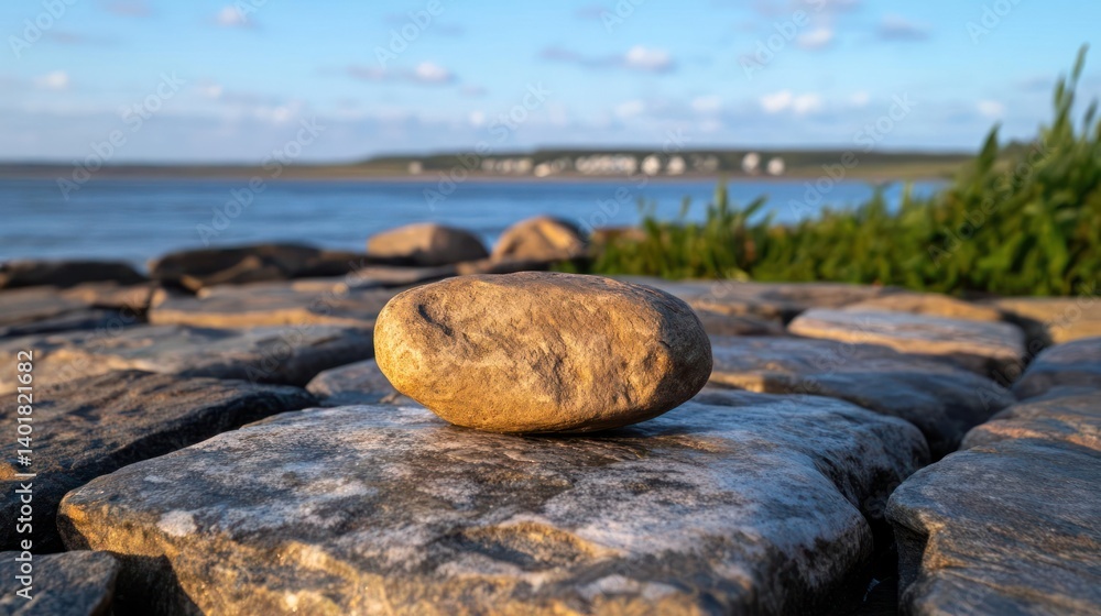 Poster a close-up shot captures a smooth, oval-shaped stone bathed in warm light, resting on a flat rock wi