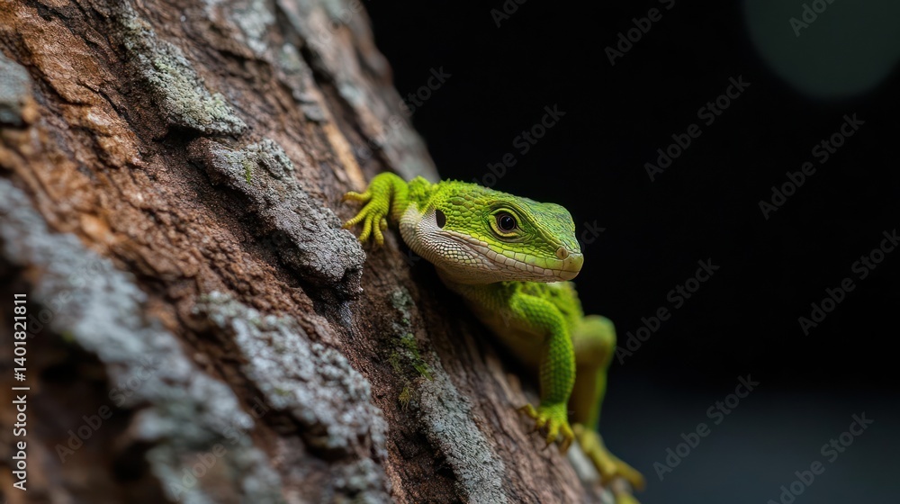 Poster close up shot of a vibrant green lizard perched on a textured brown tree trunk, set against a blurre