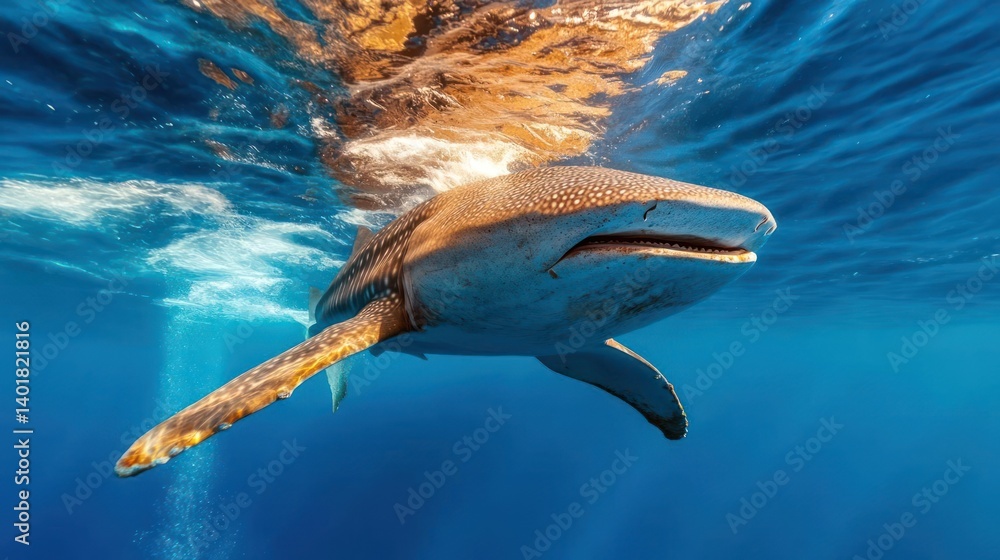 Poster underwater shot capturing a whale shark swimming gracefully in deep blue sea, illuminated by golden 