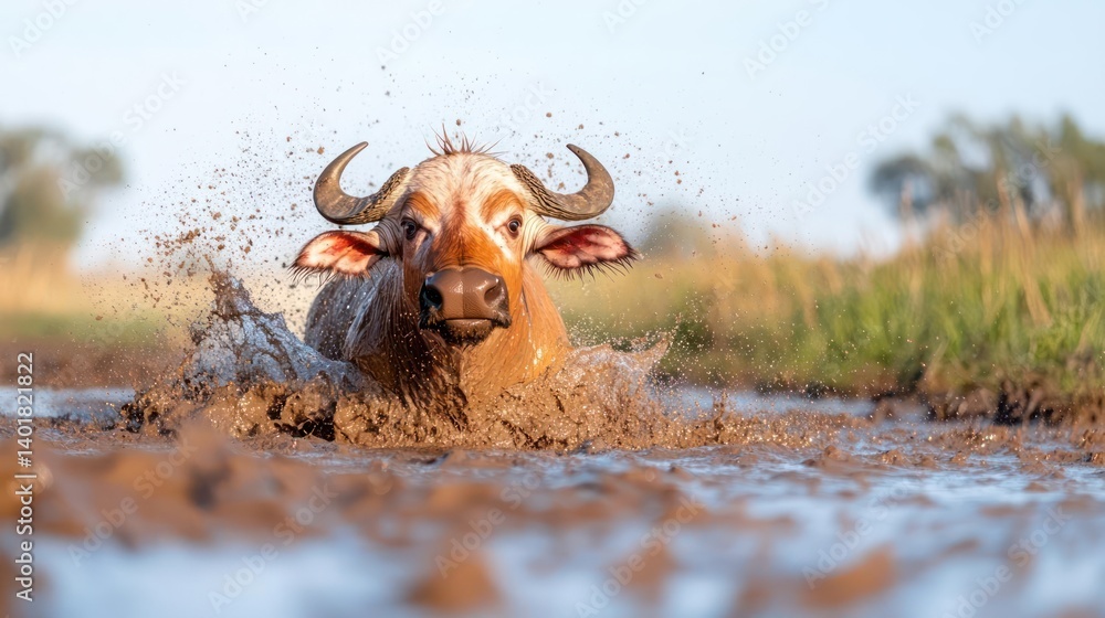 Poster a water buffalo plunges into a muddy pool, creating a splash of mud and water. the buffalo has large