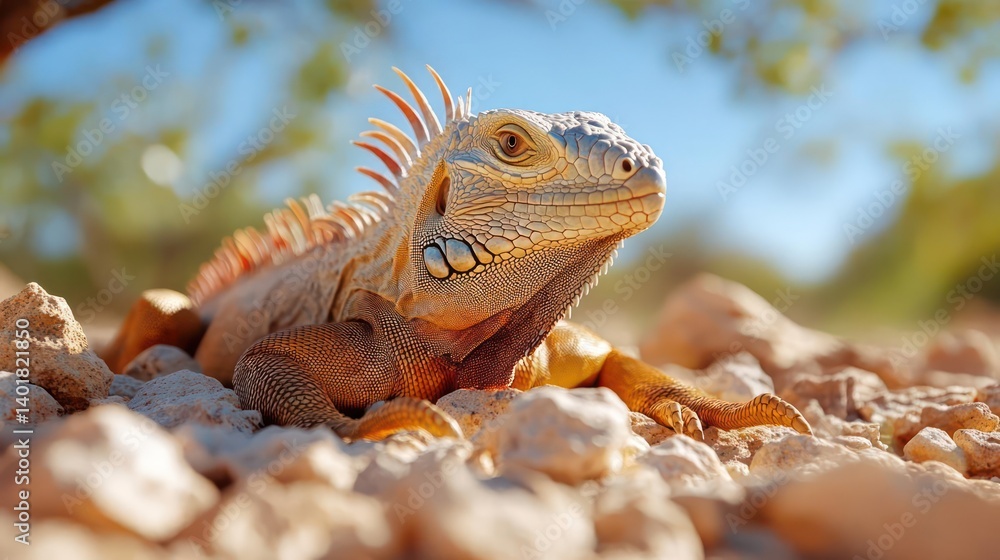 Poster A close-up shot of an iguana resting on rocks with a blurred background. The iguana exhibits intricate scale patterns and a spiky crest. The rocks are various shades of beige and brown, contrasting