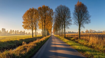 Naklejka premium Serene Drive Through Nature’s Golden Tunnel on a Tranquil Afternoon
