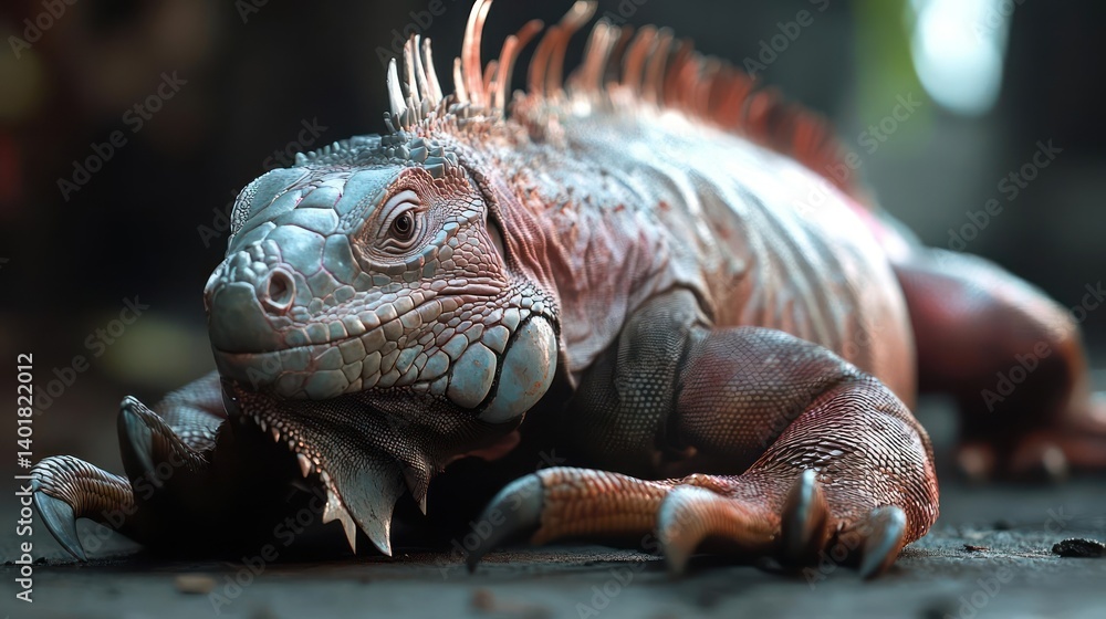Poster captivating low-angle shot of a large, detailed iguana with blue-gray scales and reddish-orange acce