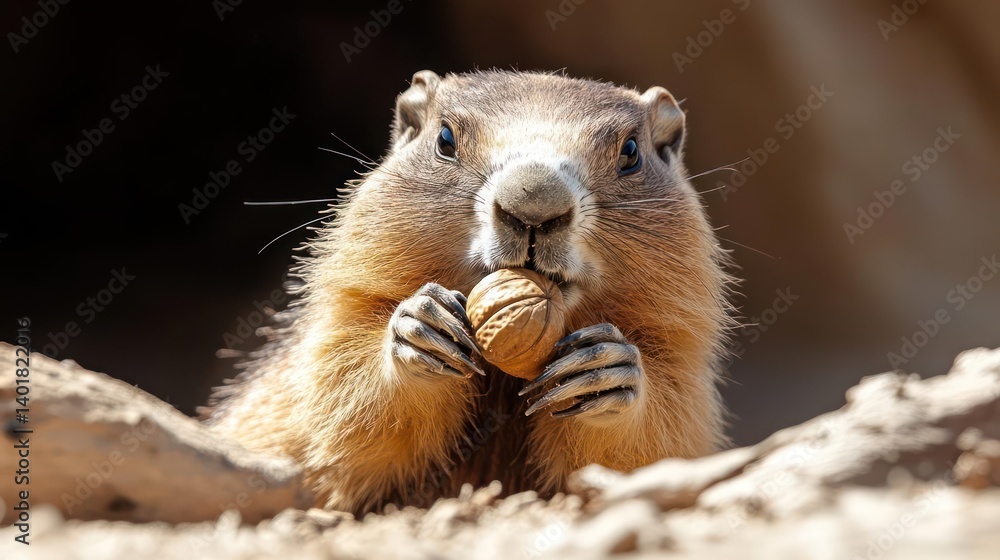Poster groundhog, also known as a woodchuck, enjoying a walnut in front of its burrow on a sunny day. the a