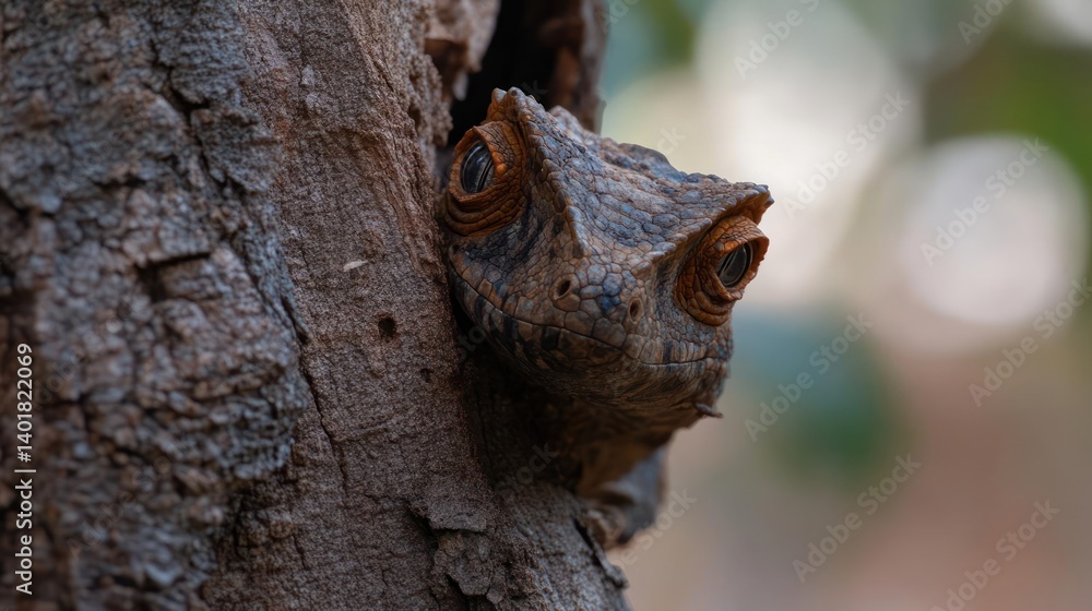 Poster Macro shot of a cryptic leaf-tailed gecko perched on the side of a tree trunk, blending seamlessly with the bark. Bokeh background with hints of green from foliage. Natural sunlight enhances the