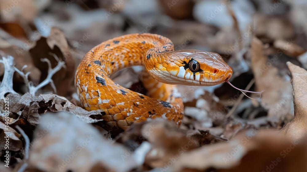 Poster Close-up of a vibrant orange snake coiled amidst dry leaves. The snake features a unique pattern with black markings and a detailed head. Captured with a shallow depth of field, enhancing focus on
