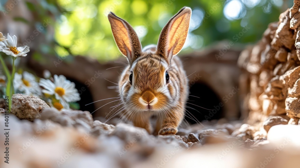 Poster close up shot of a brown rabbit emerging from a burrow surrounded by rocks and daisies. the rabbit i