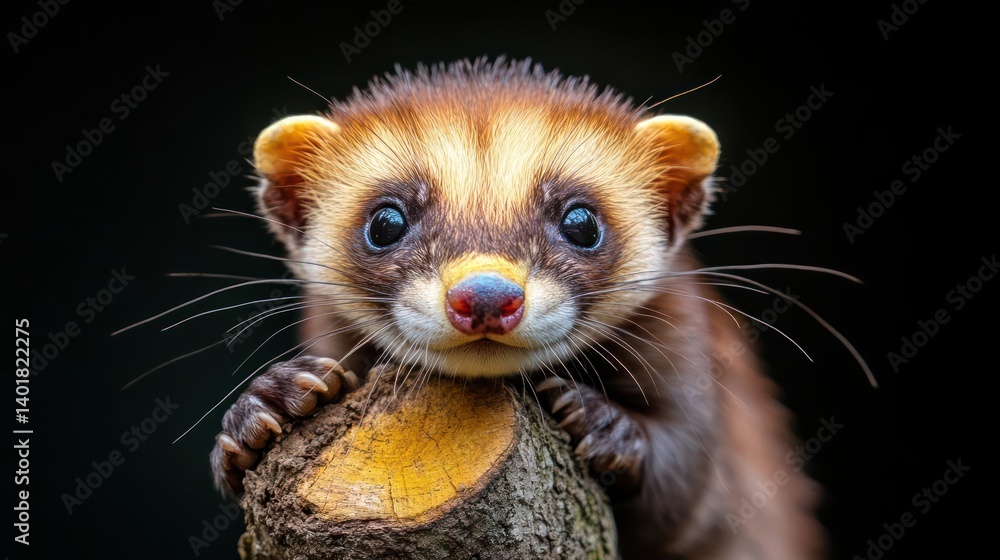 Aufkleber close up studio shot of a ferret resting it's paws on a small branch. the ferret features dark brown