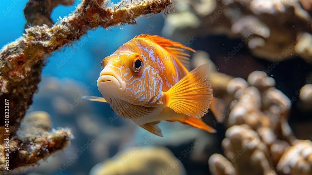 Poster close-up of a vibrant orange fish with intricate blue and white patterns swimming near coral formati