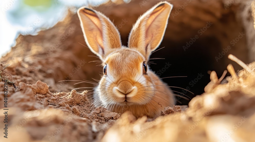 Poster close-up of a brown hare emerging from a burrow in the ground, looking directly at the camera with i