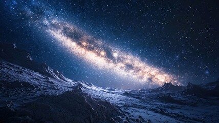 Snowy mountain landscape with bright Milky Way core in night sky