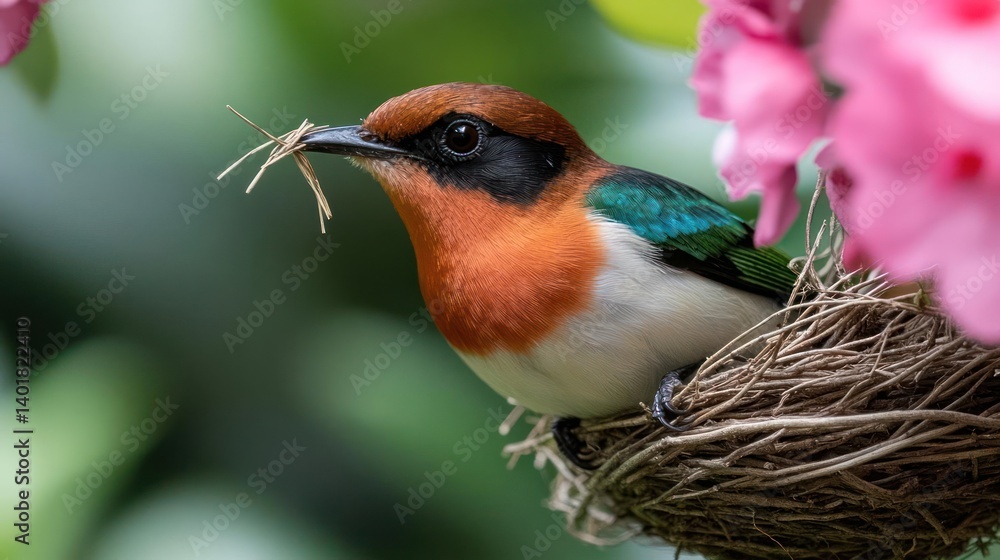 Poster close-up shot of a colorful bird with vibrant feathers, perched on a nest made of twigs, carrying ne