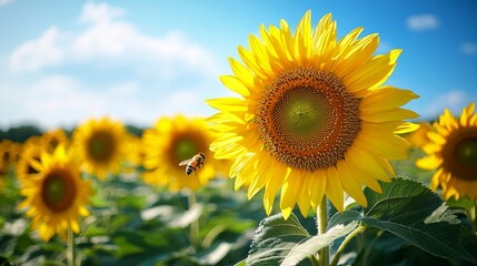 Fototapeta premium Vibrant Sunflower Field with Busy Bee in Clear Blue Sky