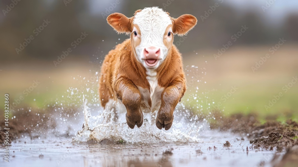 Poster captivating shot of a brown and white calf joyfully running through a puddle, splashing water everyw