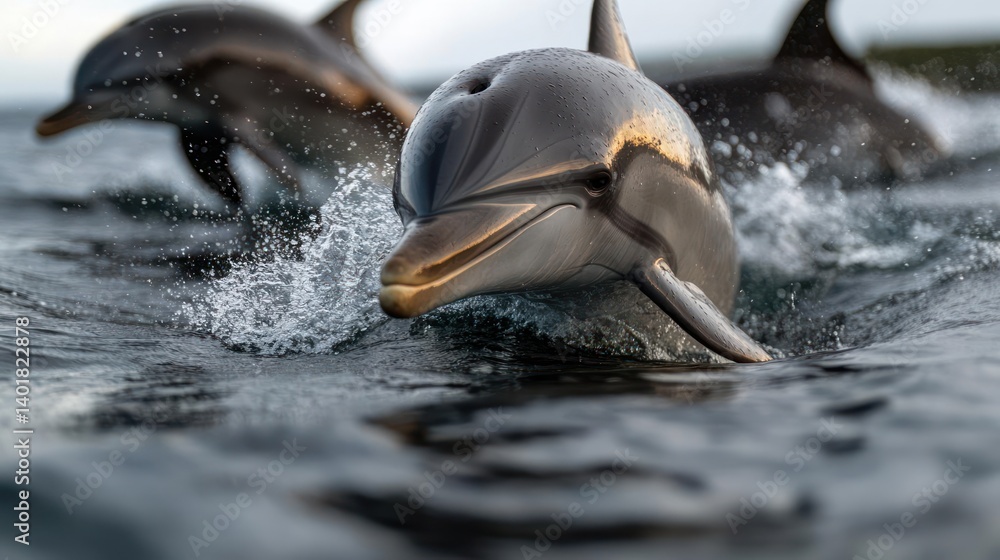 Aufkleber a close-up shot showcases a dolphin emerging from the water, with two other dolphins blurred in the 