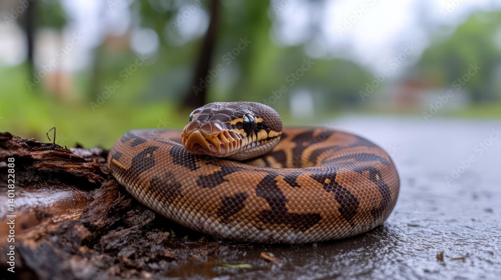 Poster captured close-up, a brown snake with a patterned skin is coiled on a wet surface next to a piece of