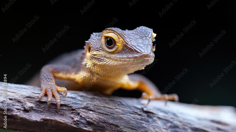 Poster close up shot of a brown lizard perched on a tree branch against a blurred dark background. the liza