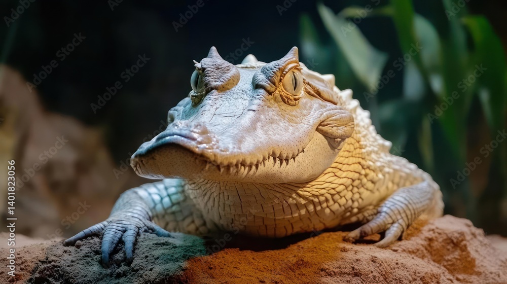 Poster close up of a yacare caiman against a blurred background. it is lying on the sand. it has light colo