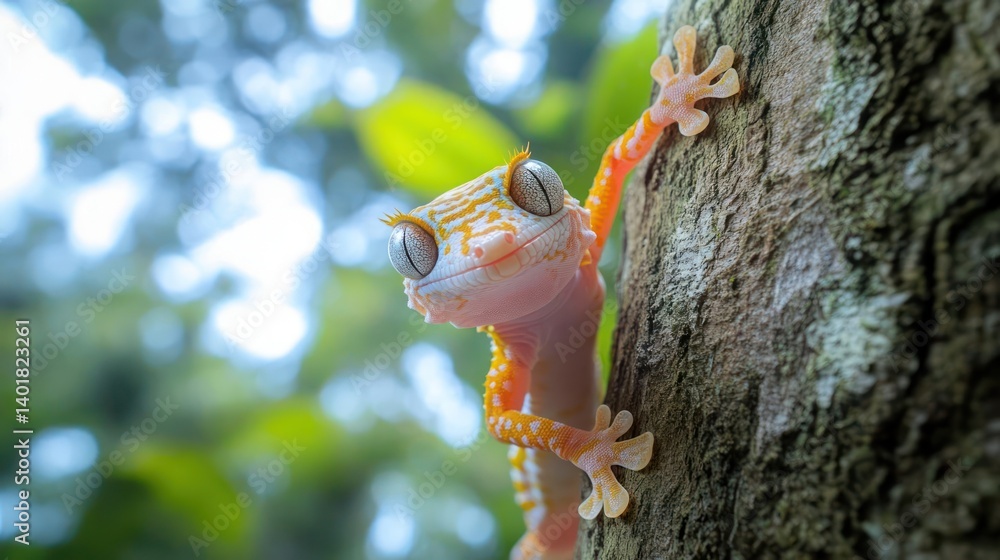 Poster close-up of a gecko on a tree trunk, light creamy-white scales with a pattern of orange spots. the g