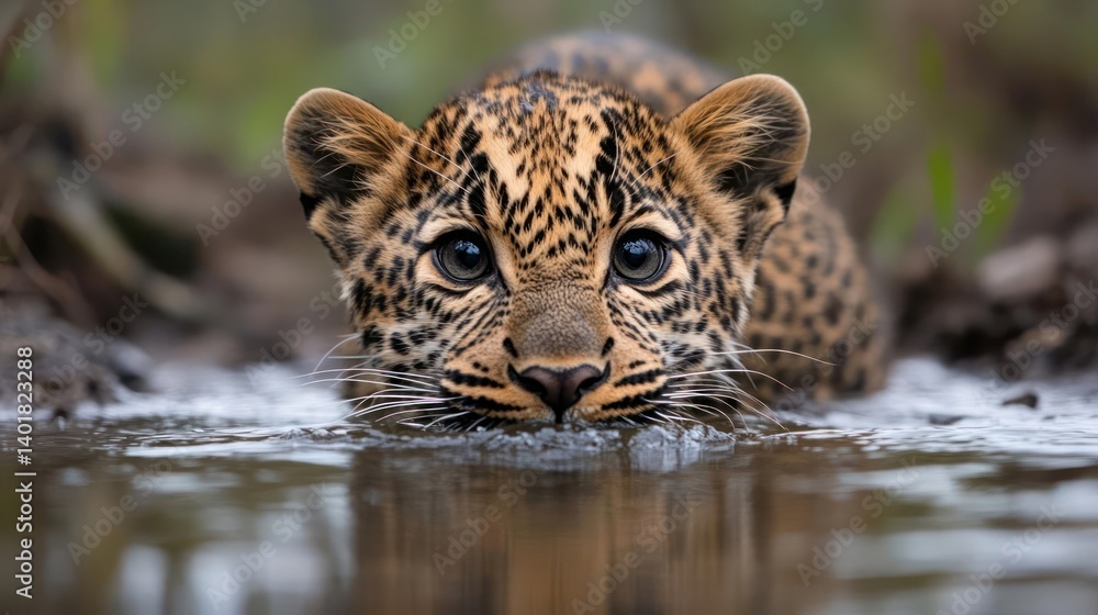Aufkleber Close up of a young leopard cub approaching the viewer from a low angle in a body of water, its reflection visible in the rippled surface under soft, natural light with a blurred forest background