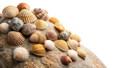 Seashells on Rocks: Coastal Photography, Ocean Beach Stones, Seashell Texture, Nature Still Life
