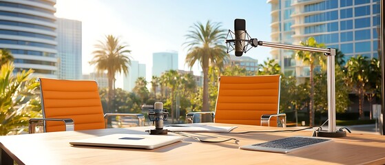 Outdoor podcast setup with city view.